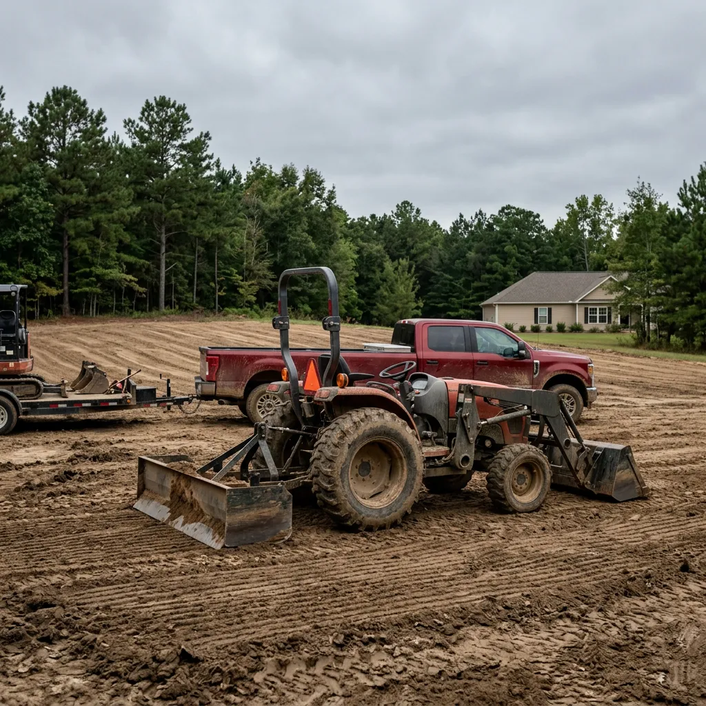 Compact utility tractor with front loader and box blade on a freshly graded residential lot; pickup and equipment trailer behind; overcast daylight