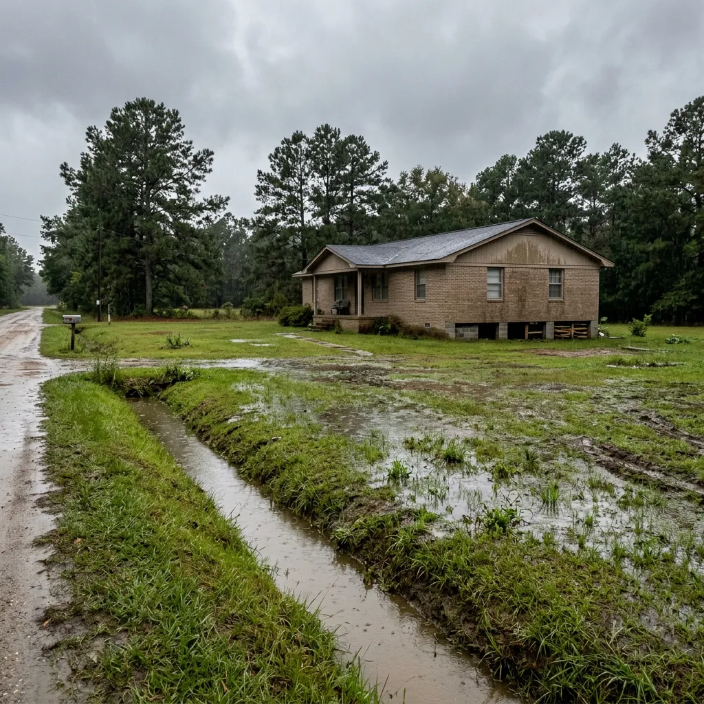 Low-lying residential yard with standing water after rain, roadside drainage ditch, ranch house on crawl space, pine trees, overcast sky