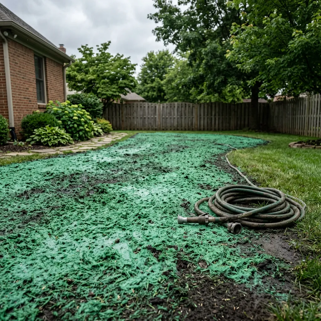Fresh hydroseeding green slurry on residential yard