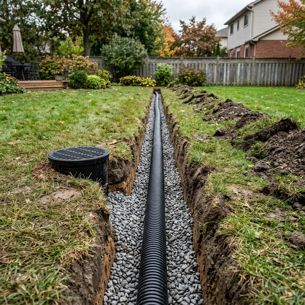 Yard drainage trench with perforated pipe and gravel