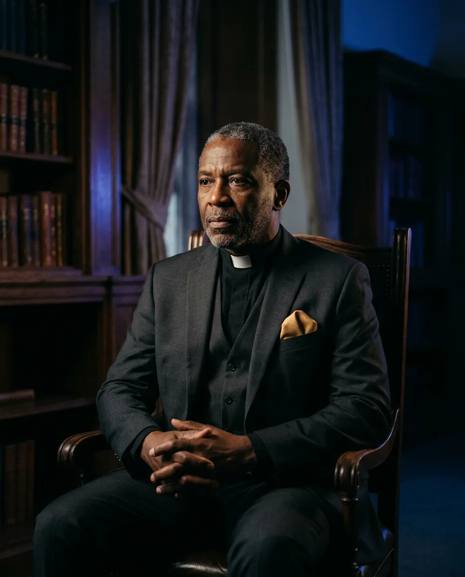 Soulful portrait of an executive leader in quiet contemplation surrounded by subtle blue tones