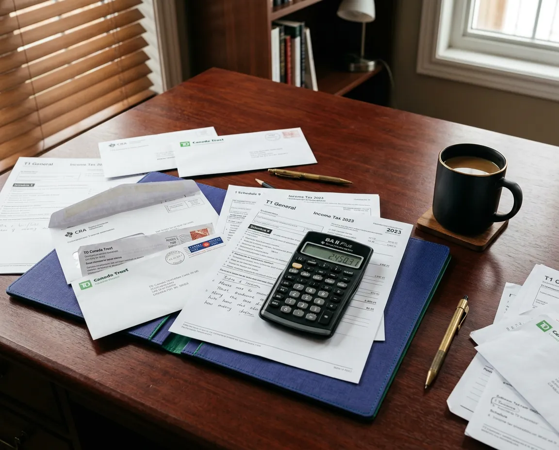 Disorganized office desk with scattered tax paperwork, calculators, and receipts symbolizing filing season chaos