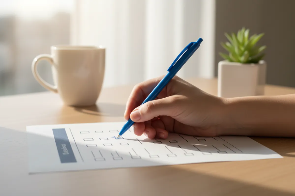 Overhead view of a tidy small-business desk with a laptop showing a checklist, notepad, pen, and coffee cup in bright morning light.