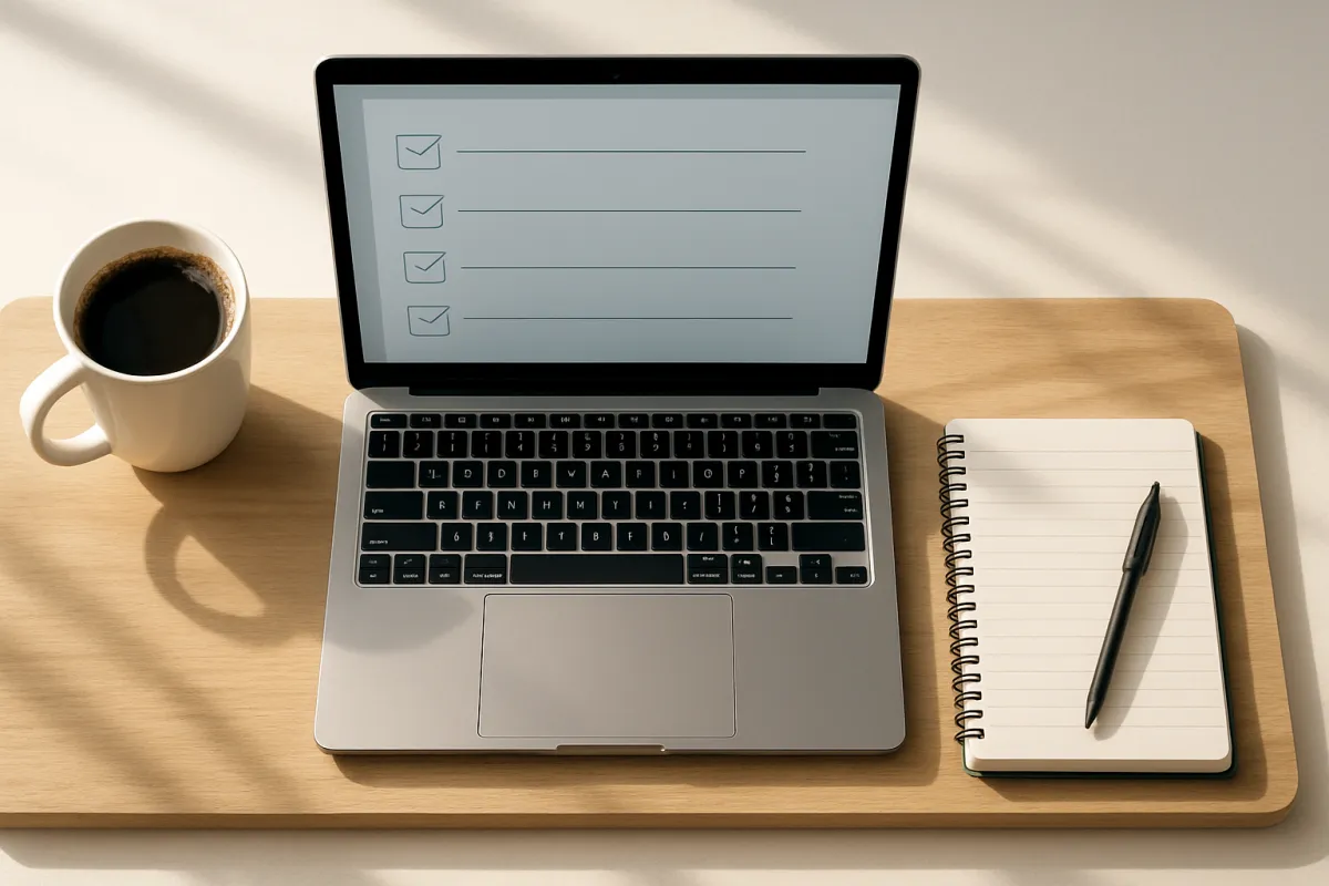 Overhead view of a tidy small-business desk with a laptop showing a checklist, notepad, pen, and coffee cup in bright morning light.