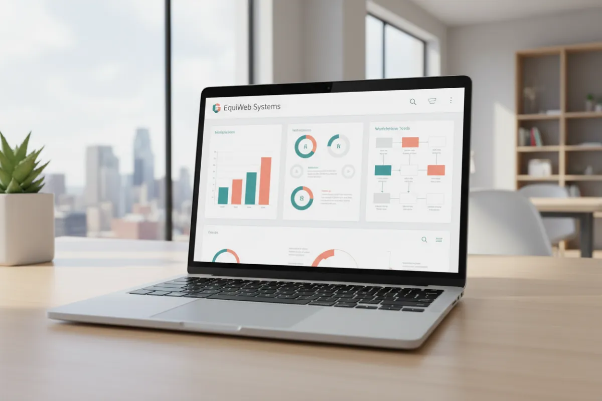 Overhead view of a tidy small-business desk with a laptop showing a checklist, notepad, pen, and coffee cup in bright morning light.