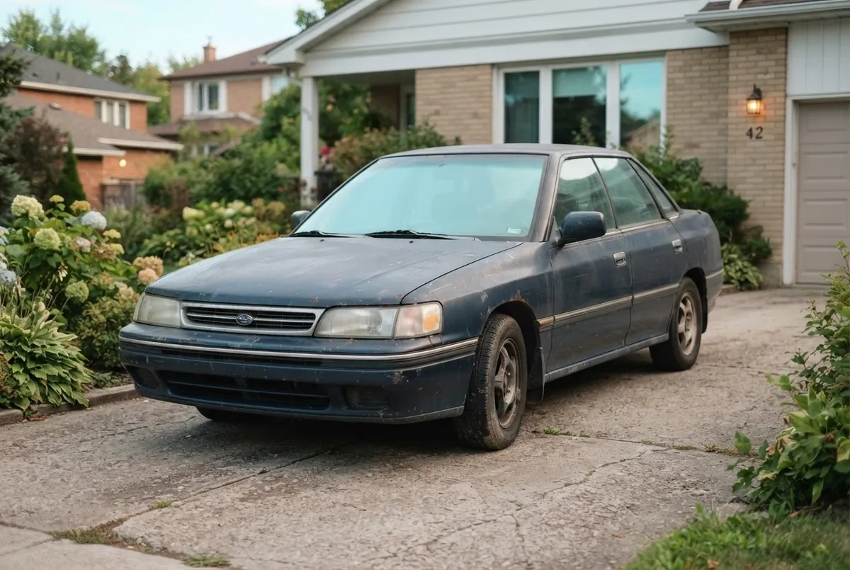 Stationary unregistered vehicle parked without plates industrial mechanical focus