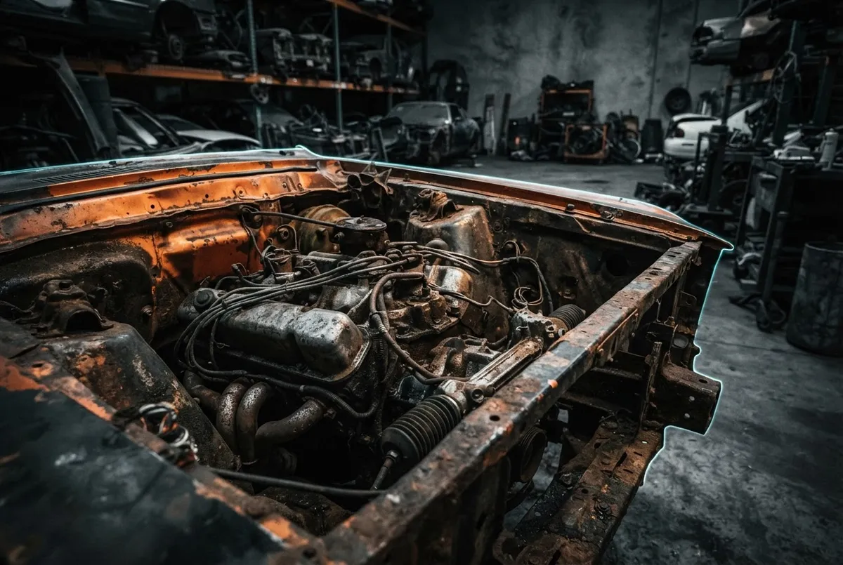 Scrap car frame with mechanical parts desaturated industrial automotive detail