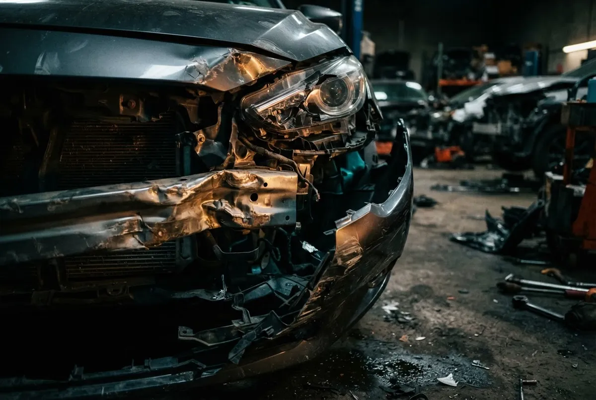 Accident damaged car front chassis collision mechanical repair detail
