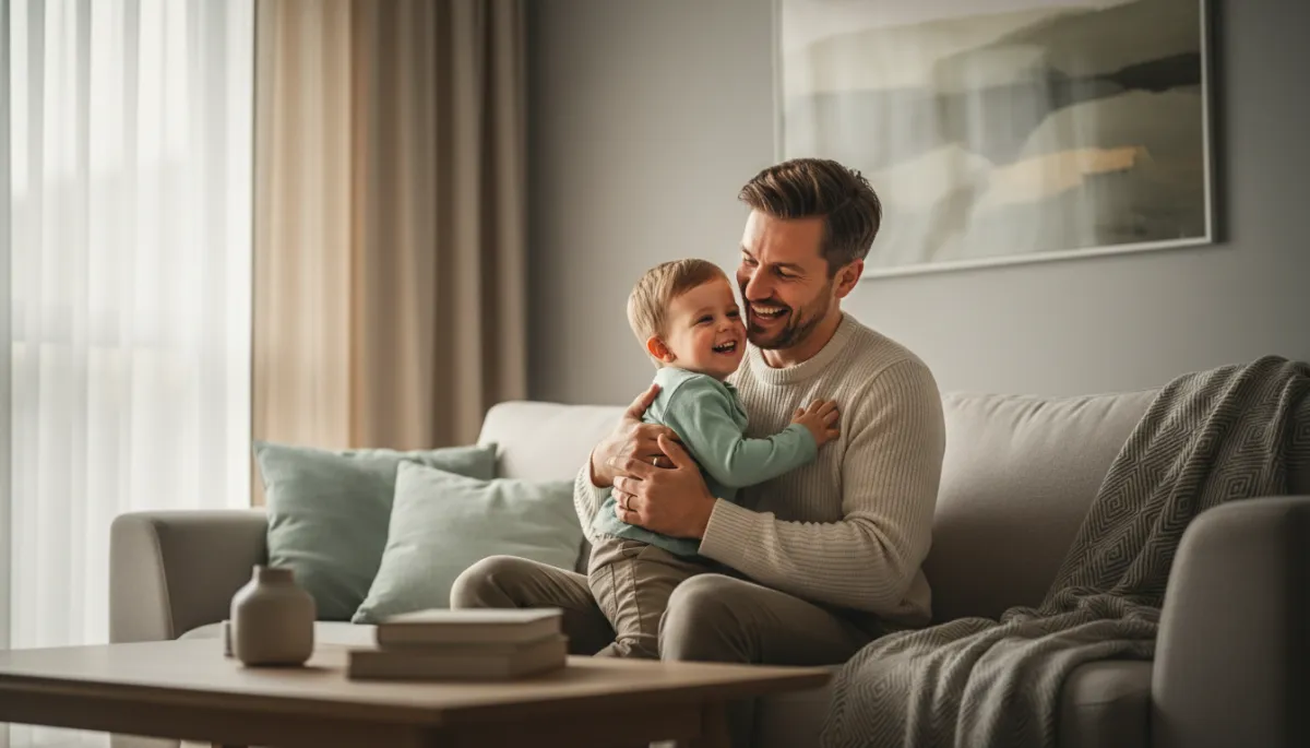 Padre joven abrazando a su hijo pequeño en un sofá luminoso, ambos sonriendo de forma relajada