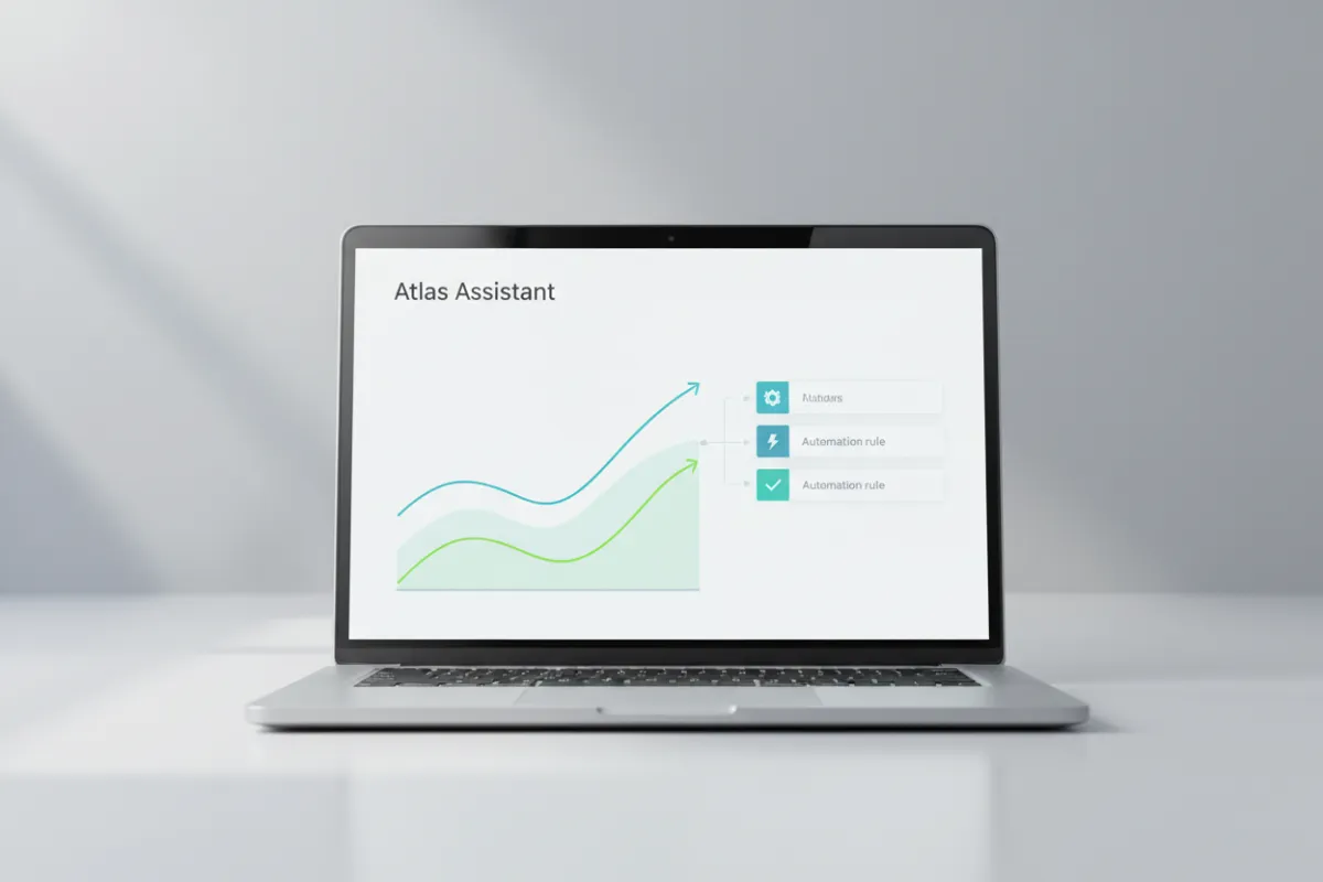 Atlas Assistant AI dashboard on laptop, photorealistic clean modern style