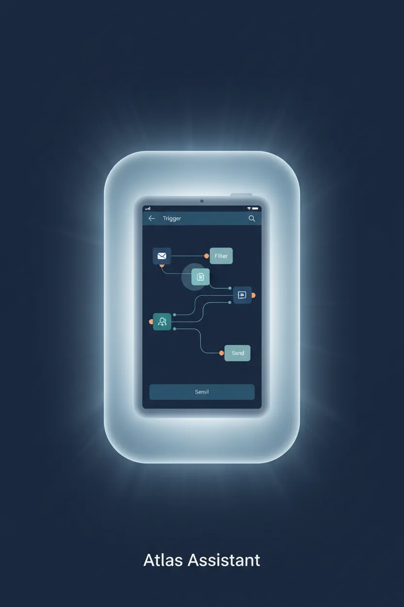 Atlas Assistant product card showing email automation on tablet UI
