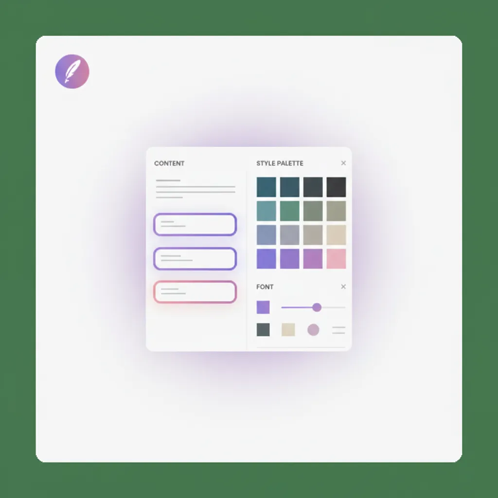Square product tile of Quill Studio showing a content editor with generated headlines and a style palette, subtle purple/pink highlights, clean modern UI mock.