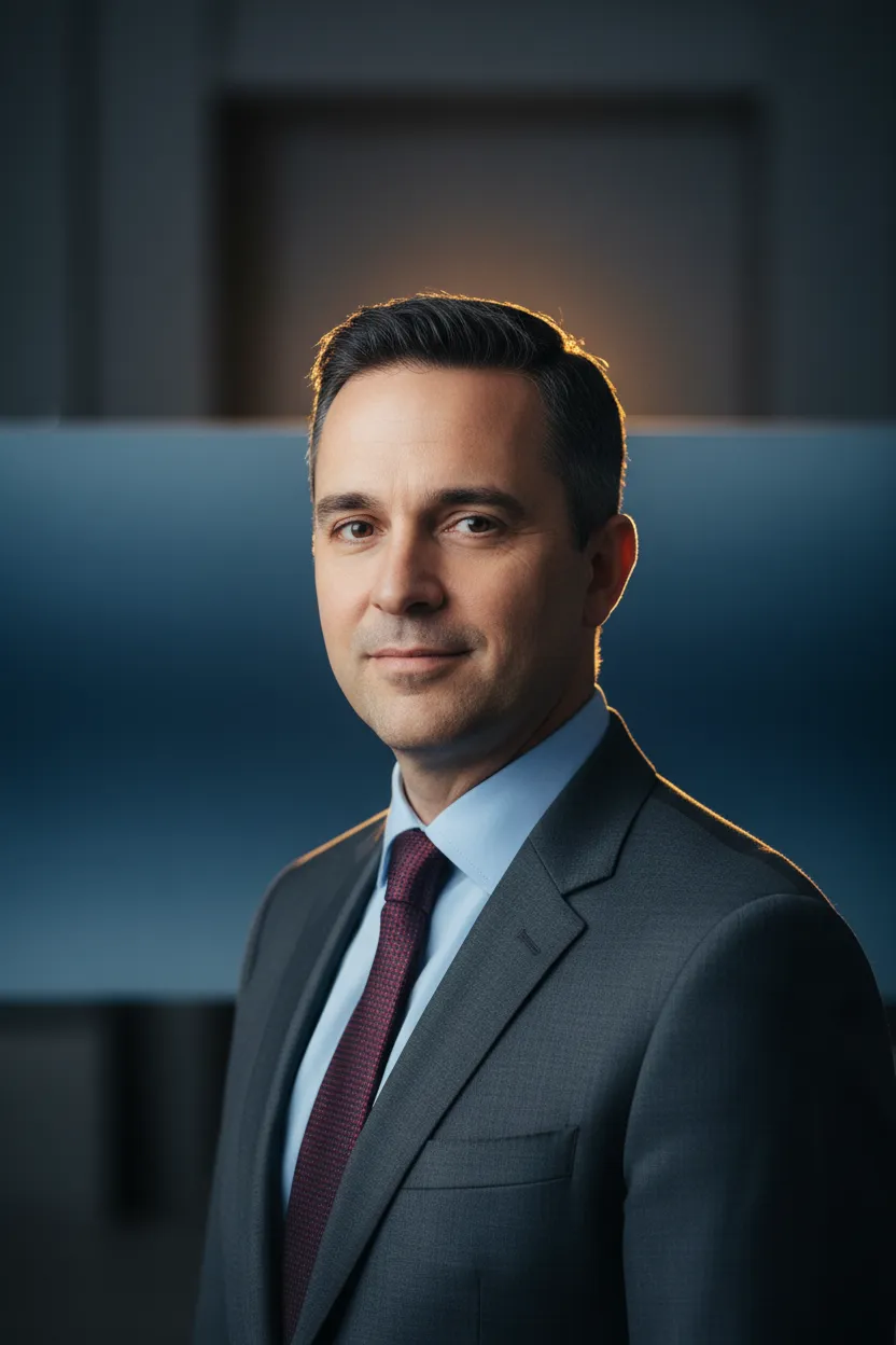 Portrait figure of a guest advisor — mid-40s, professional portrait in three-quarter view, warm rim lighting, dark-blue band behind subject, modern editorial style.