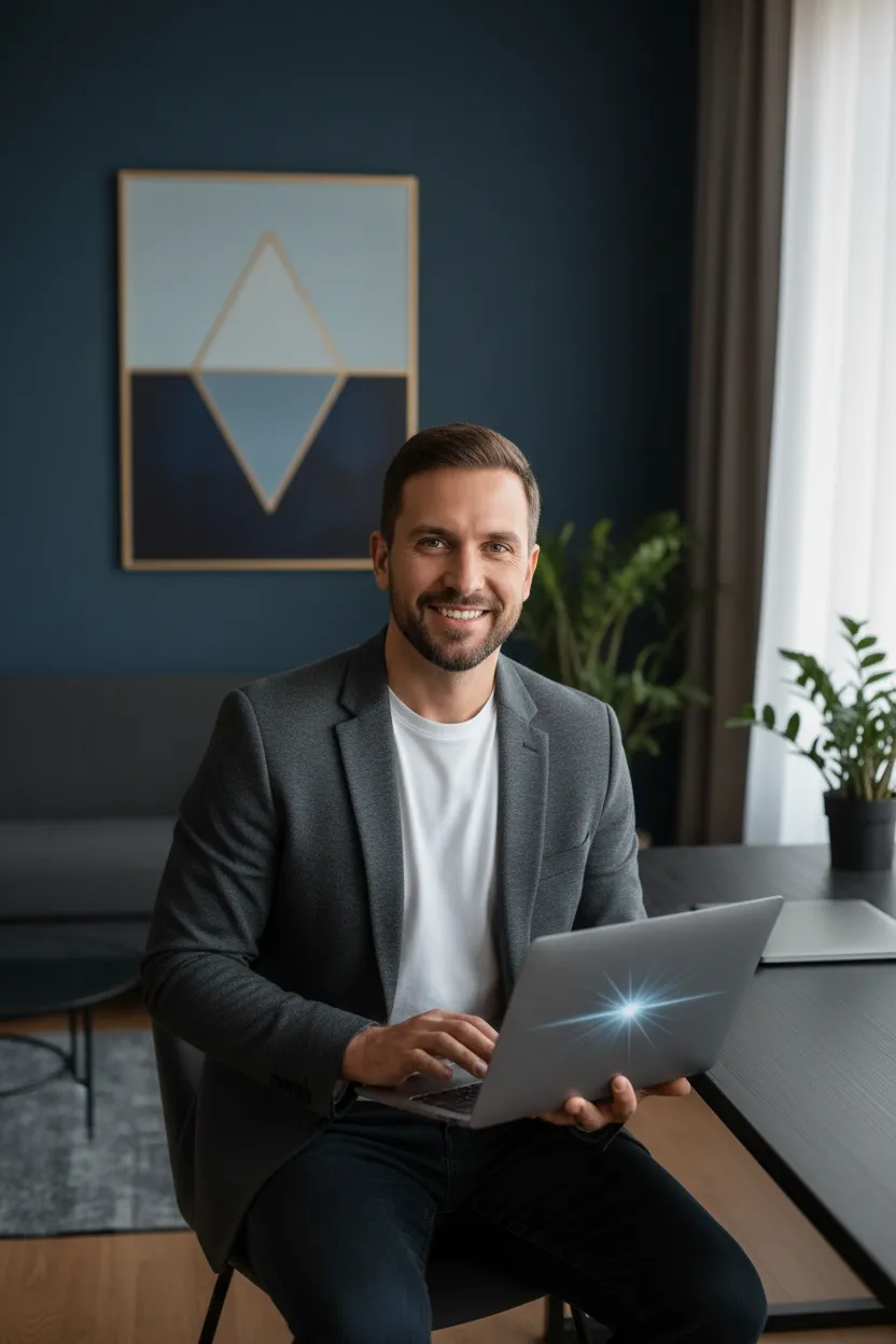 Founder portrait of a confident entrepreneur, mid-30s, smiling with laptop in a modern dark home office, soft directional lighting, clean photographic style emphasizing trust and approachability.
