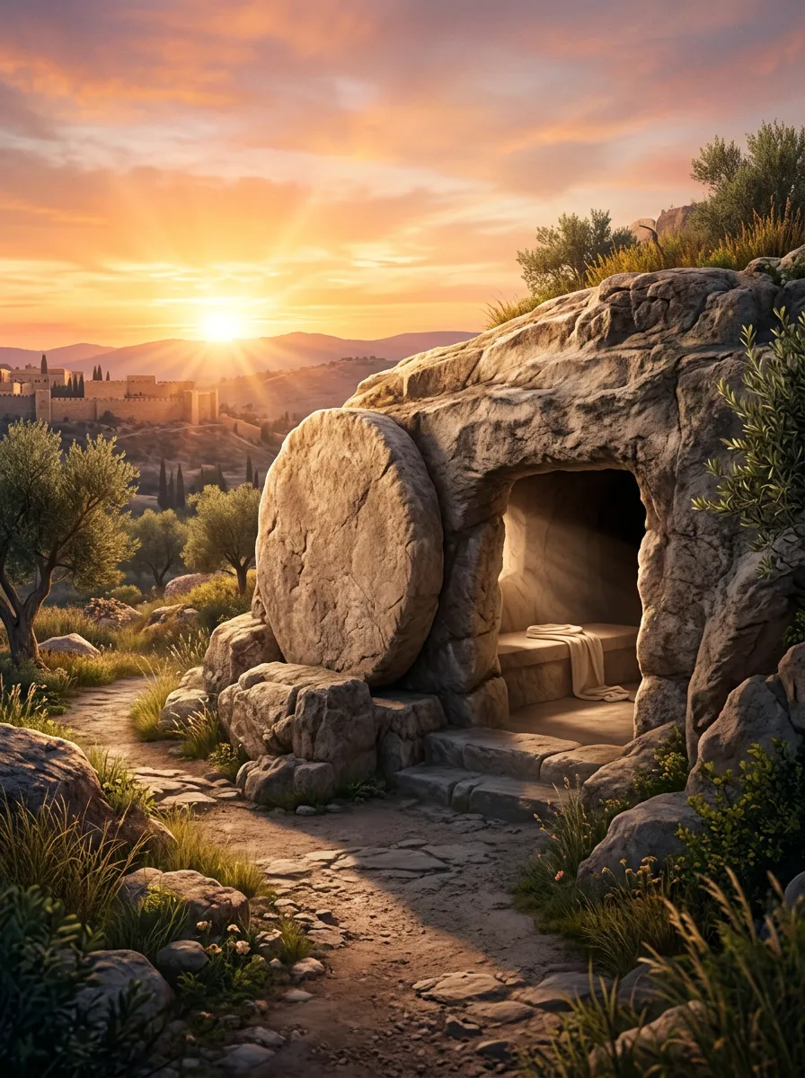 Cover art for 'He Is Here' showing an empty tomb at sunrise