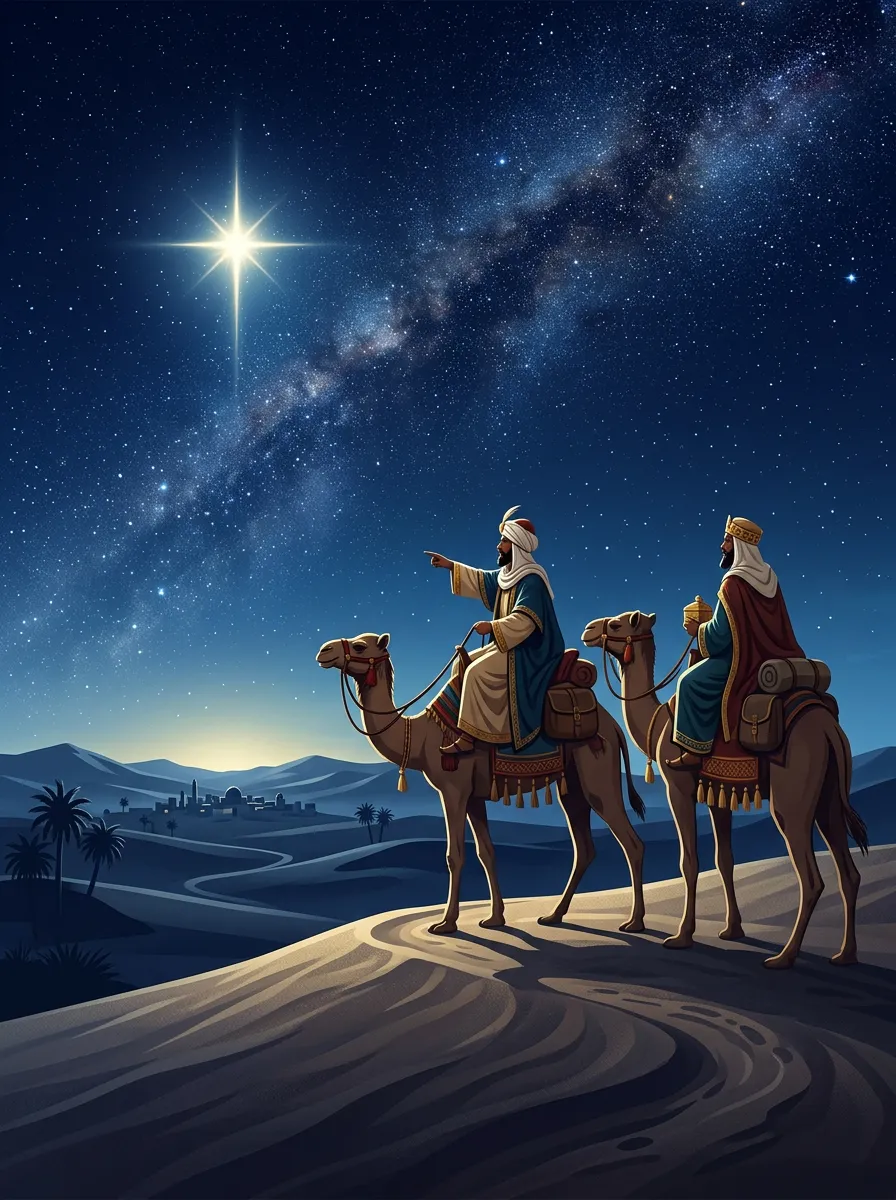 Cover art for 'Finding the Messiah' showing wisemen traveling on camels under a starry sky