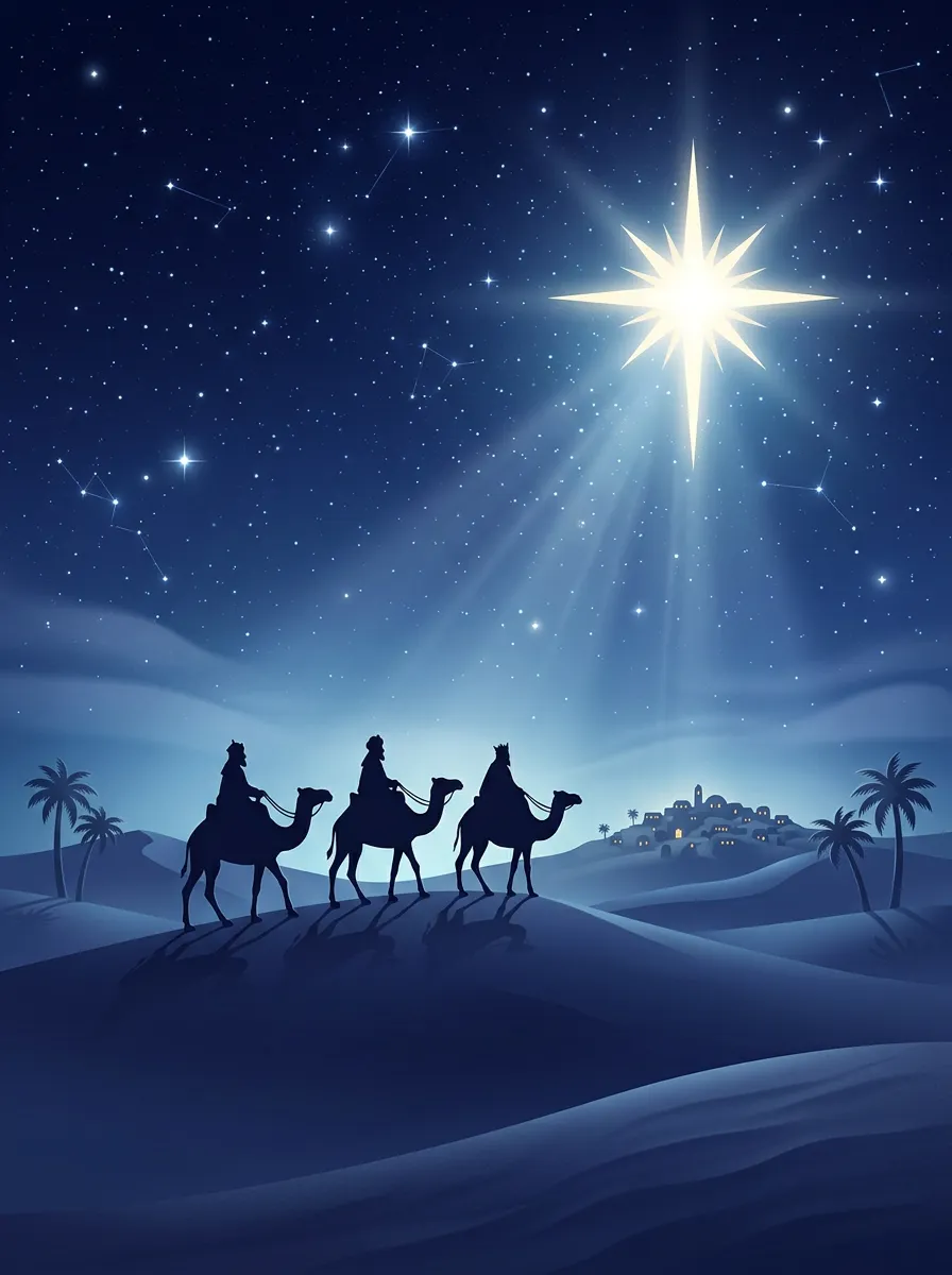 Cover art for 'The Story of Christmas' showing a glowing star over silhouettes of wisemen and camels