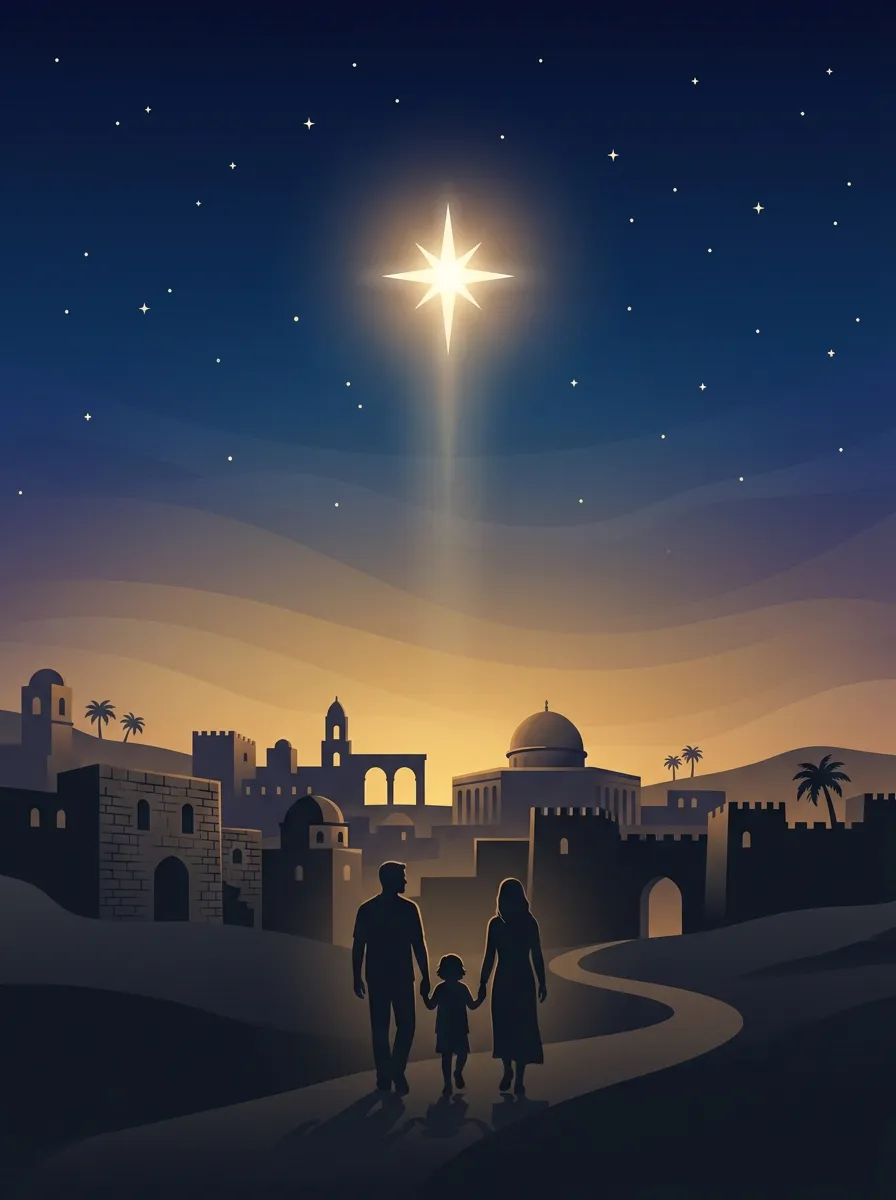Cover art for 'The Miracles of Christmas' showing silhouettes over an ancient city