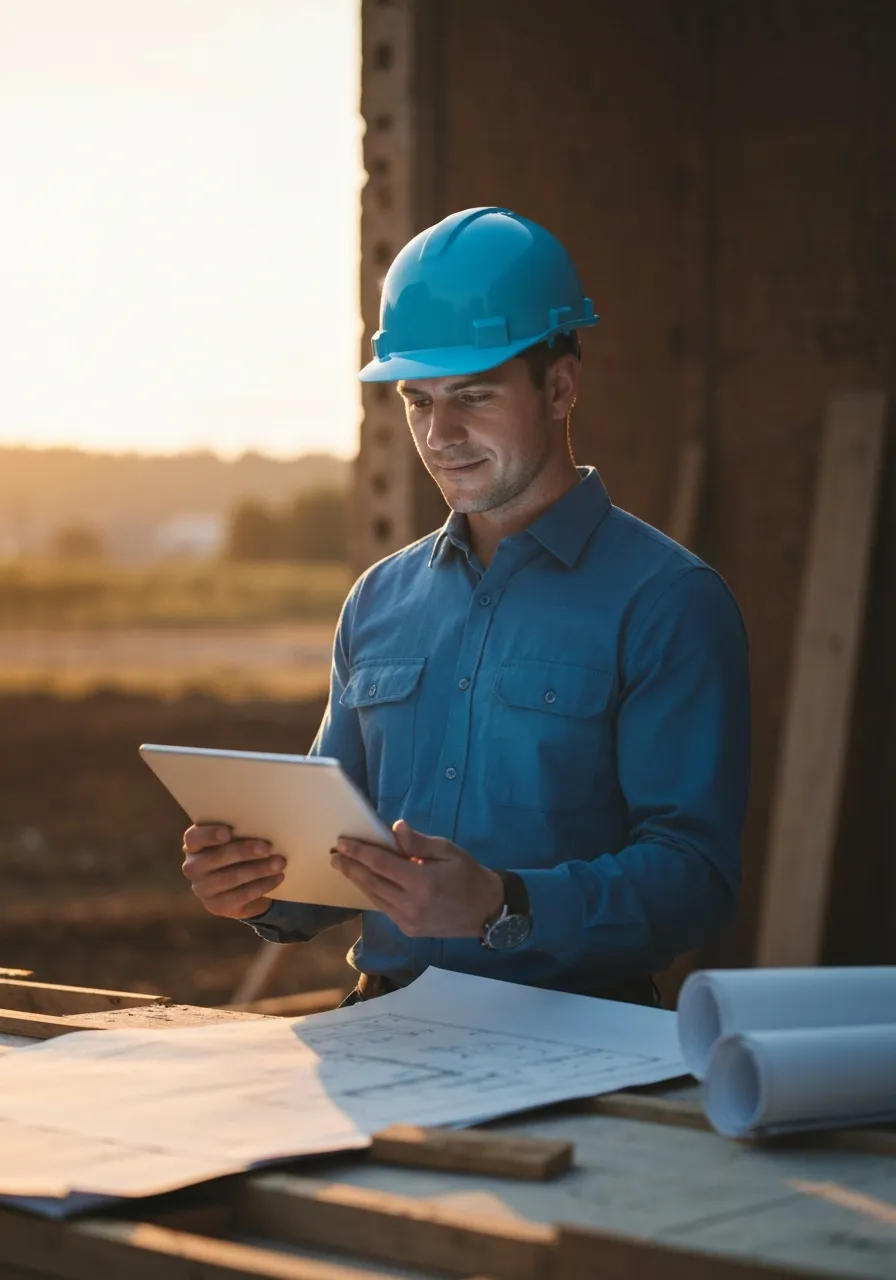 Modern contracting professional reviewing digital blueprints on a tablet