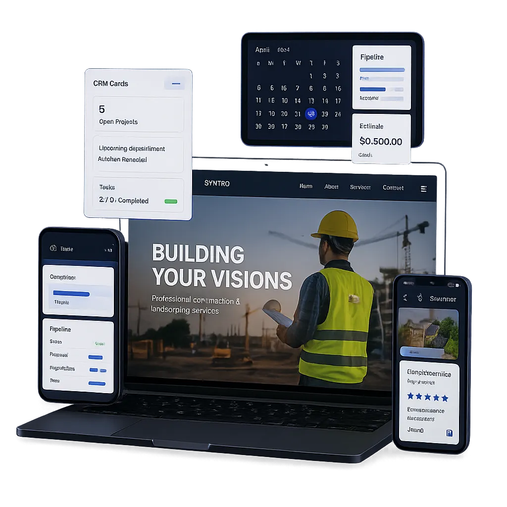 Premium layered mockup of a responsive contractor website with mobile and desktop views