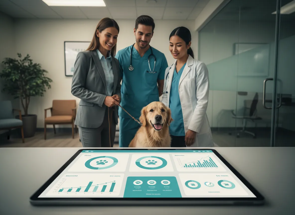 Veterinary team with pet owner reviewing AI marketing insights