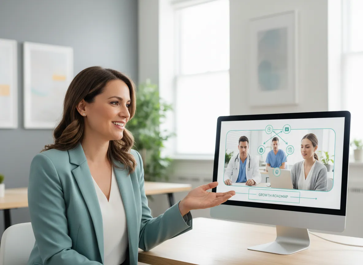 Vet marketing specialist on a video call with a veterinary clinic team