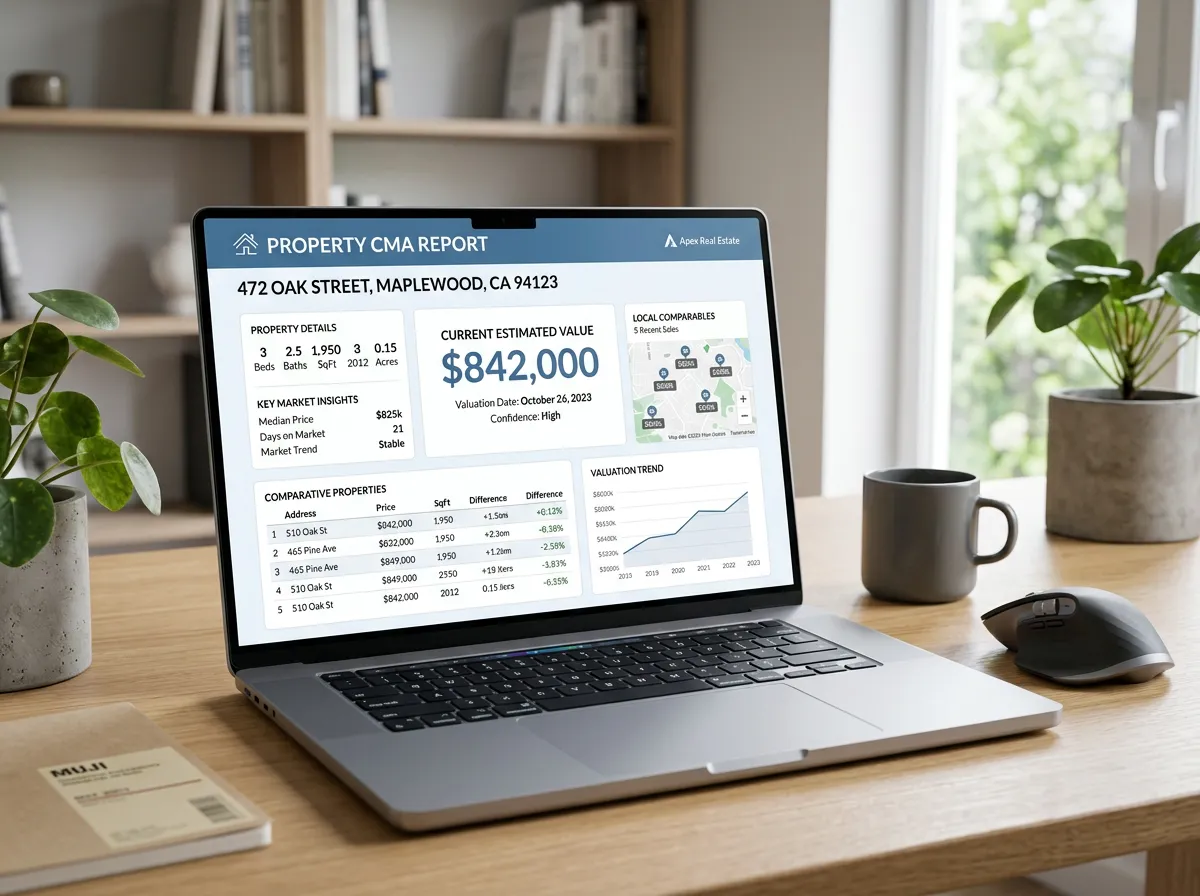 Laptop mockup displaying a comparative market analysis (CMA) report with a property valuation of $842,000.