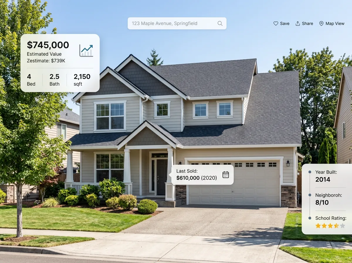 UI snippet showing property data indicators overlaid on a photo of a suburban house.