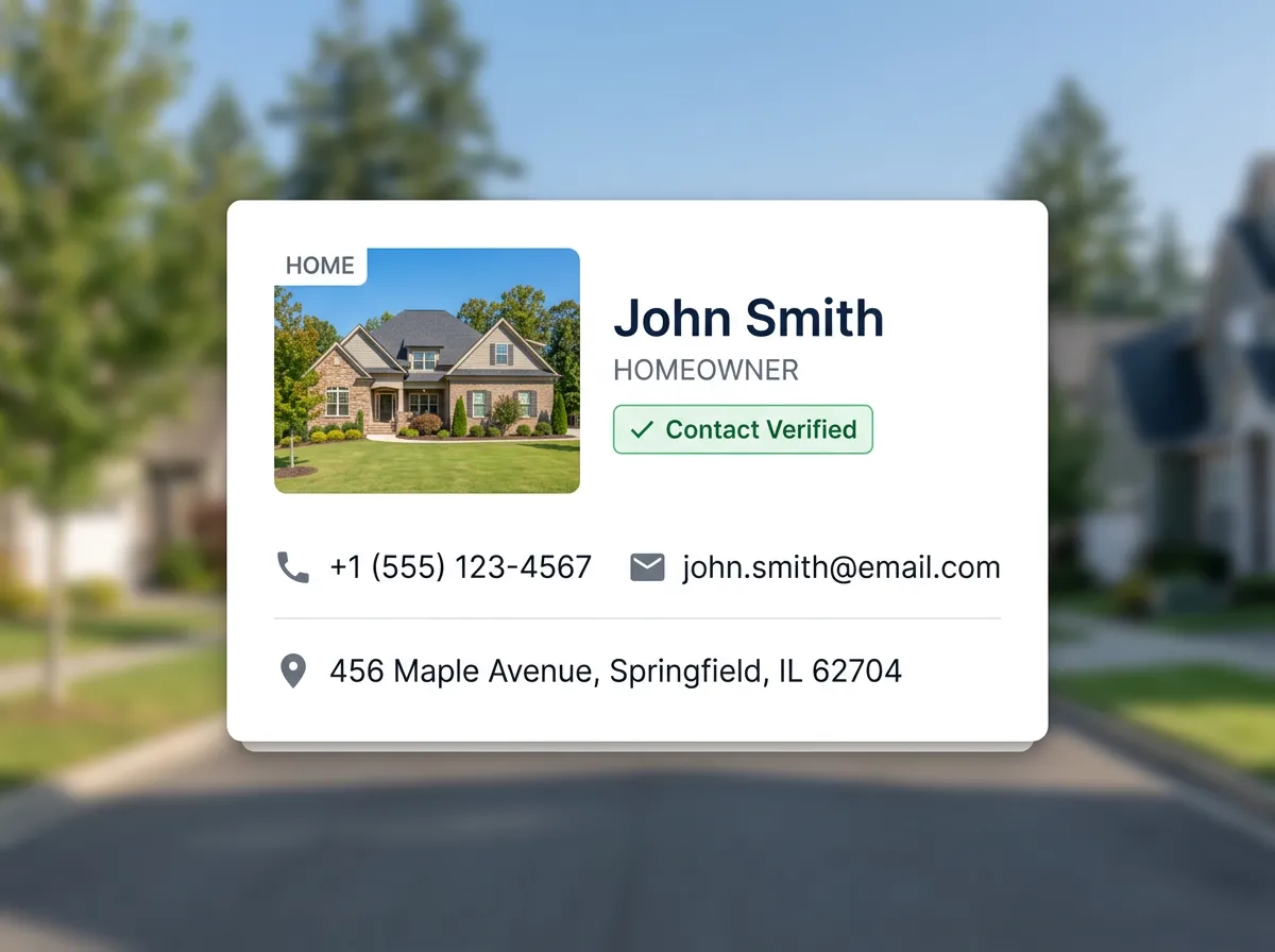UI snippet of a contact card for a homeowner named John Smith, showing a 'Contact Verified' badge and a photo of a home.