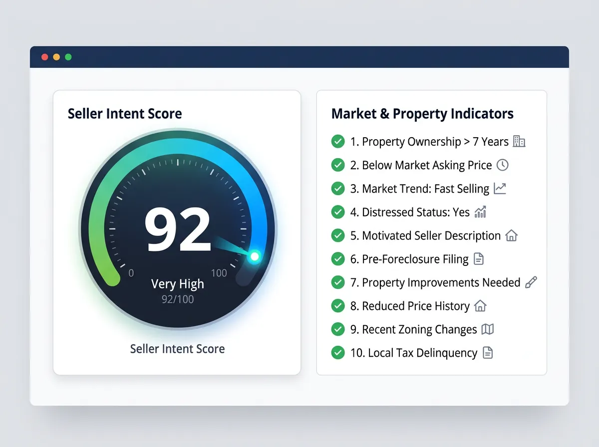UI snippet of a 'Seller Intent Score' gauge showing a score of 92, alongside a checklist of market and property indicators.