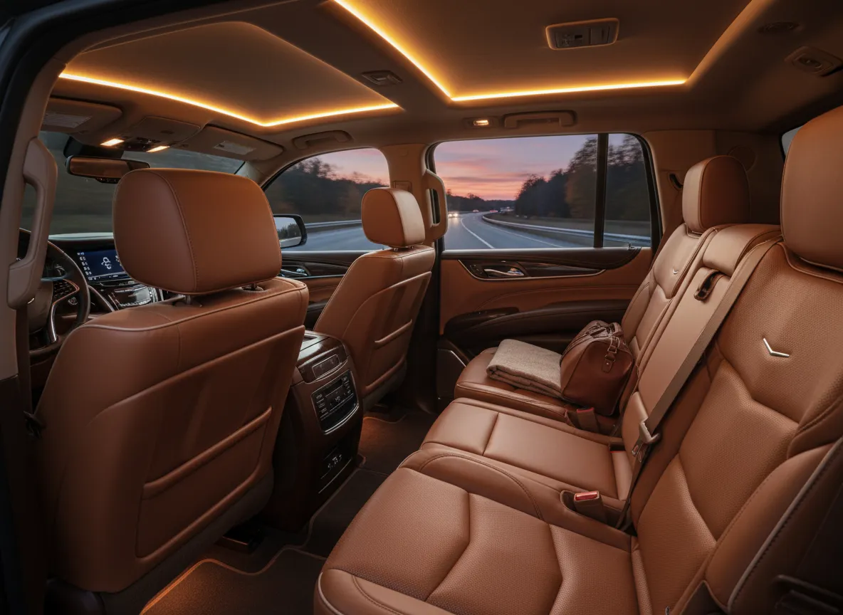 Luxurious interior of a Cadillac Escalade during a long-distance transfer across New England