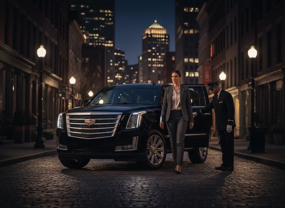 Executive traveler entering a luxury black car in Boston's financial district