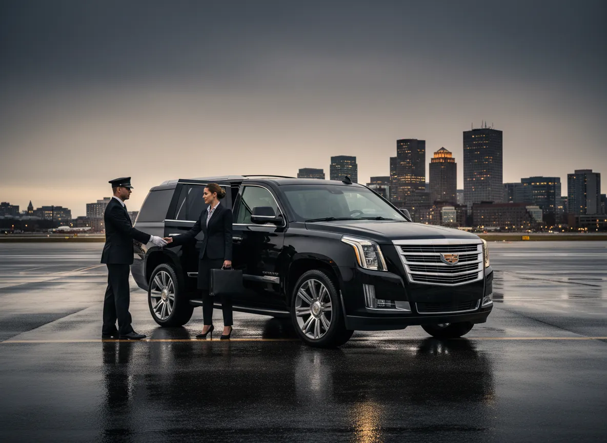 Luxury black Cadillac Escalade arriving at Boston Logan Airport for an executive transfer
