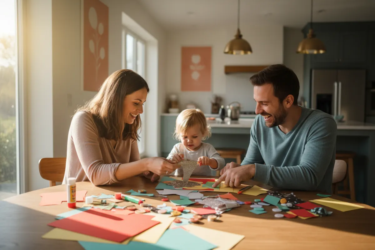 Parents and child working on a collage together at a round table in a sunlit kitchen.