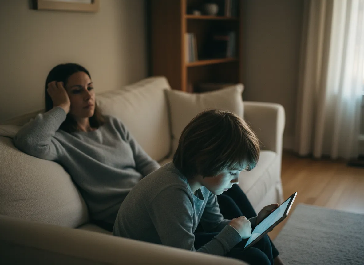 Stressed parent looking at child on screen