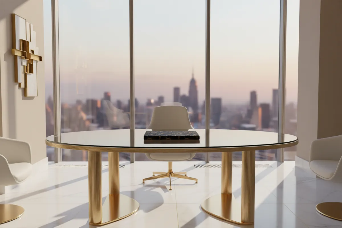 An elegant, modern office interior featuring a single glass table with gold accents, a confidential document folder placed neatly, and sunlight streaming through large windows. No people are present. The setting conveys luxury, privacy, and exclusivity for high-profile real estate clients.