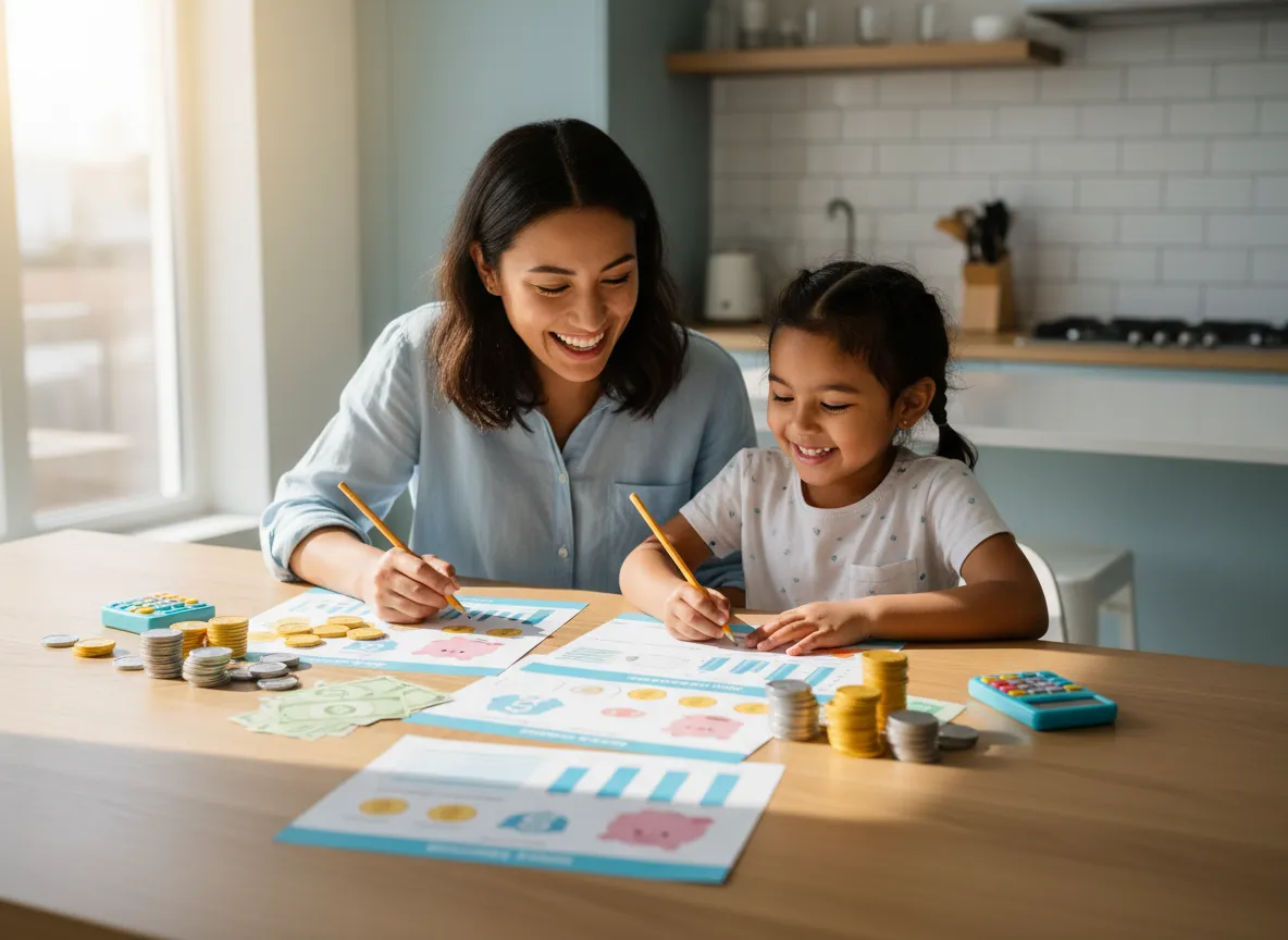 Parent guiding child with financial literacy activities