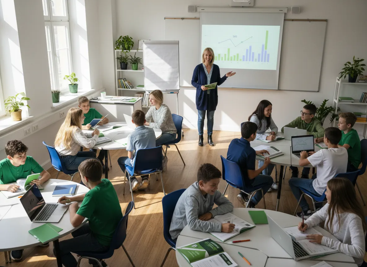 Teacher facilitating a financial literacy lesson with students in small groups