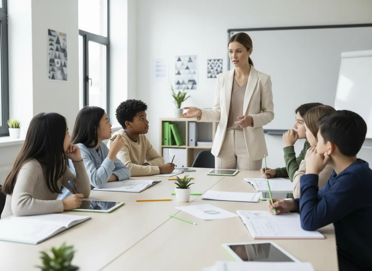 Educator leading a focused financial literacy discussion with students