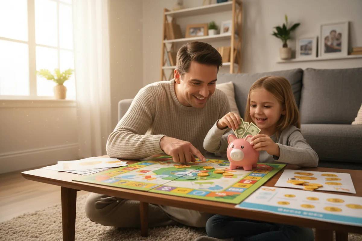 Parent guiding child with financial literacy activities