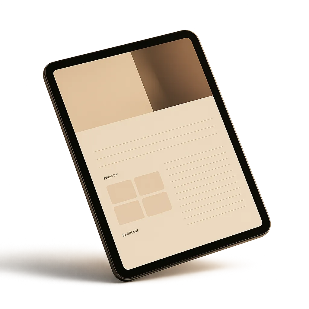 A sleek digital tablet displaying a beautifully designed workbook interface