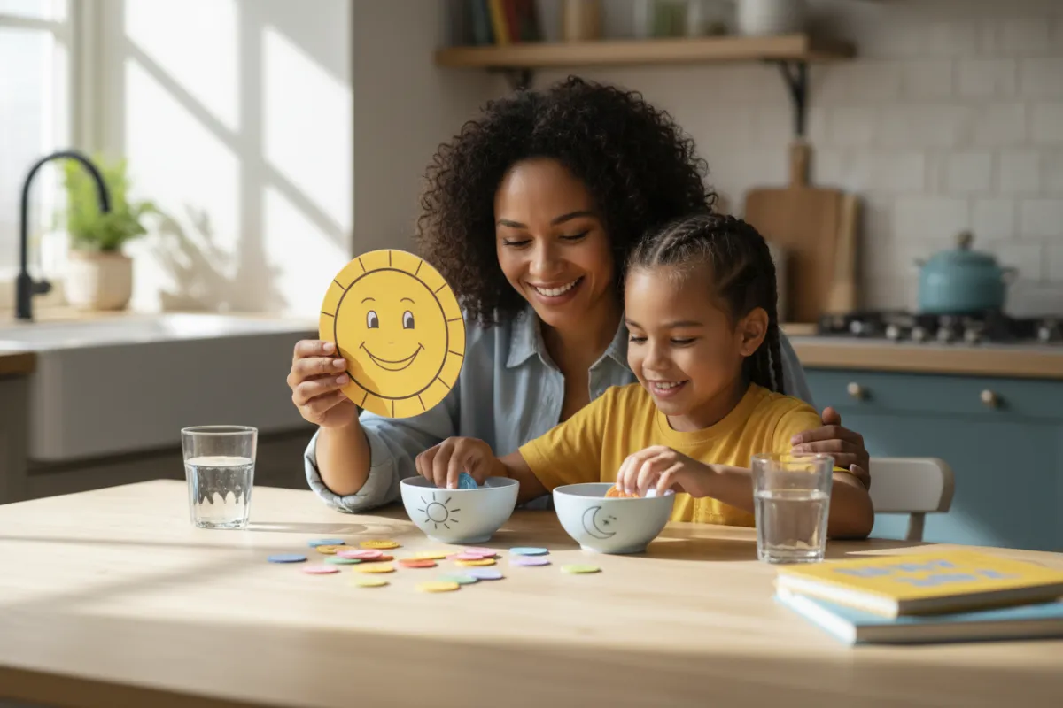 Parent guiding child with financial literacy activities