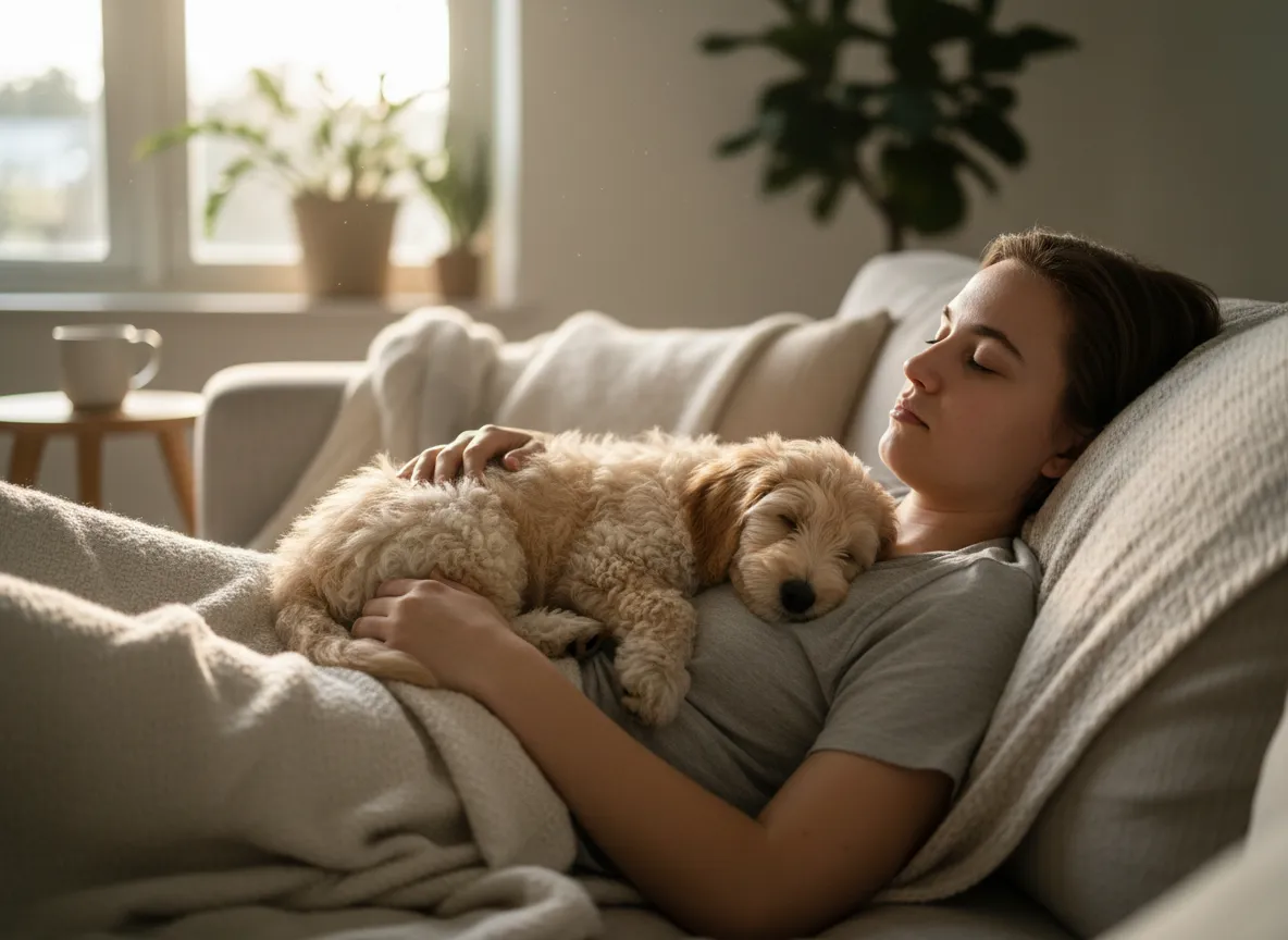 New puppy curled up calmly with owner at home