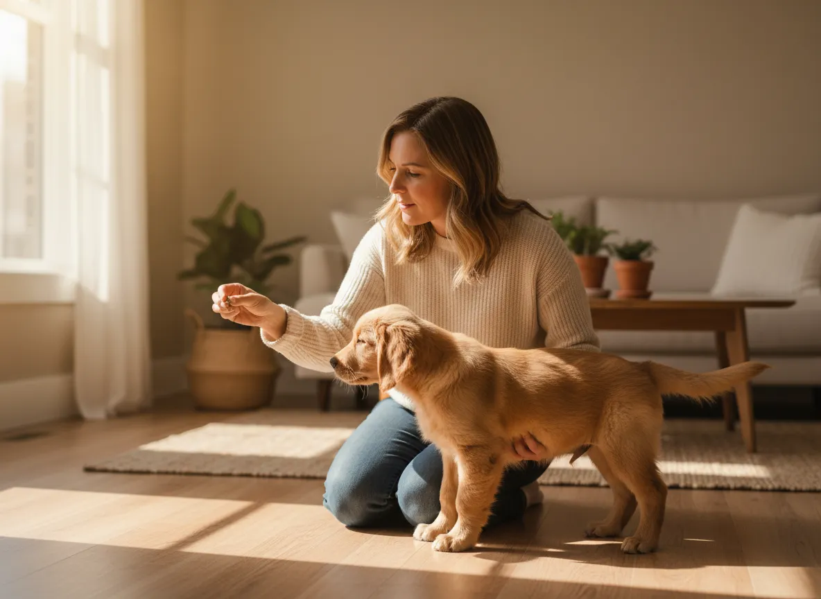 Gentle moment of owner guiding puppy at home