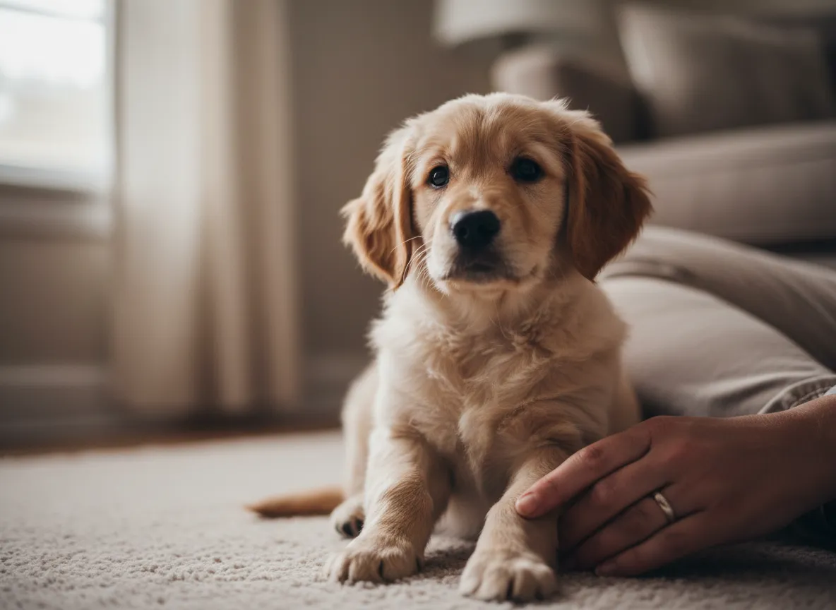 Puppy looking curious and slightly unsure beside owner
