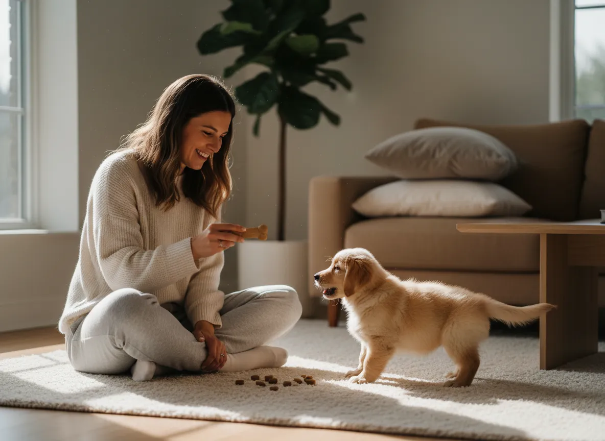 Owner on the floor playing a gentle training game with puppy