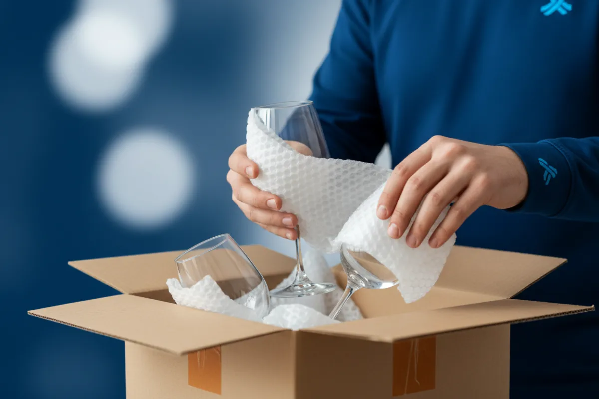 Professional movers carefully packing fragile items
