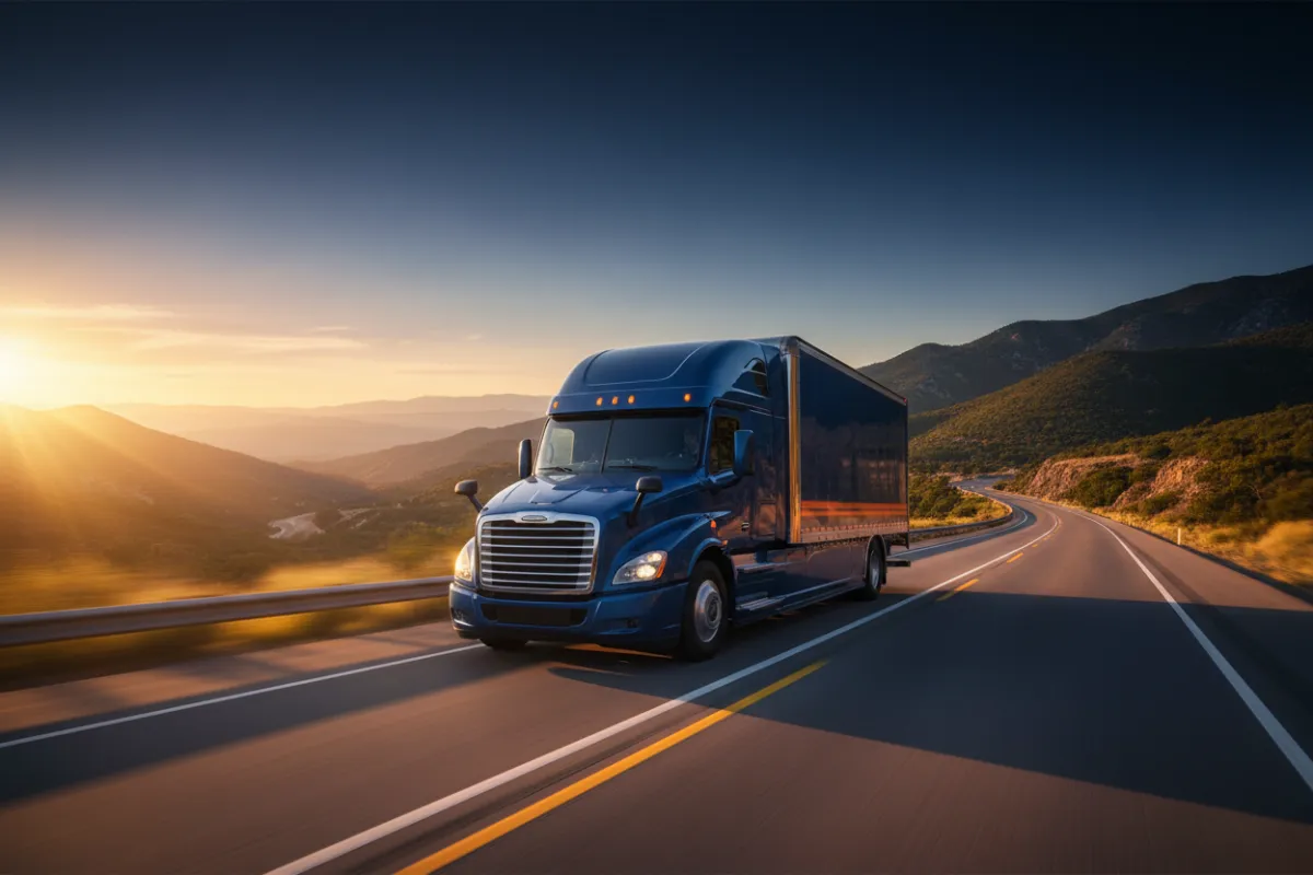 Apex Moving Co. truck driving on a highway for long-distance relocation