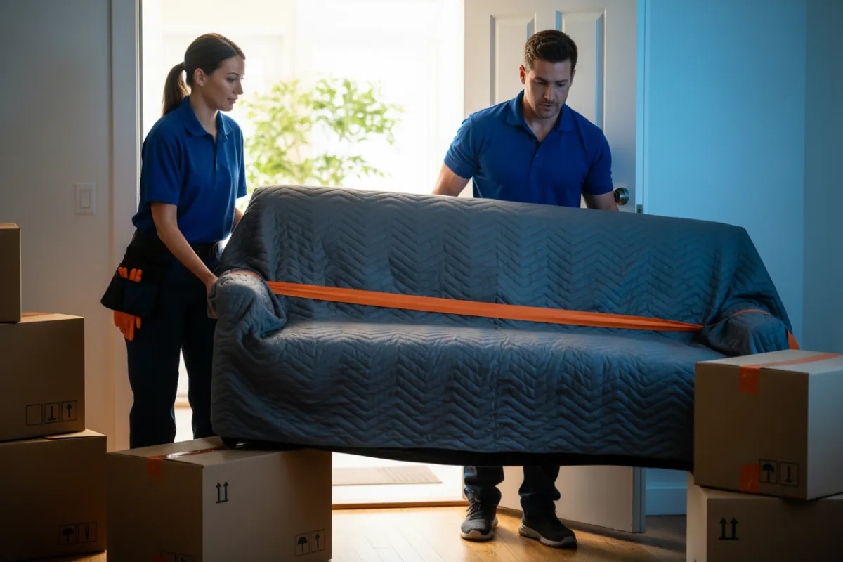 Local moving team safely loading boxes