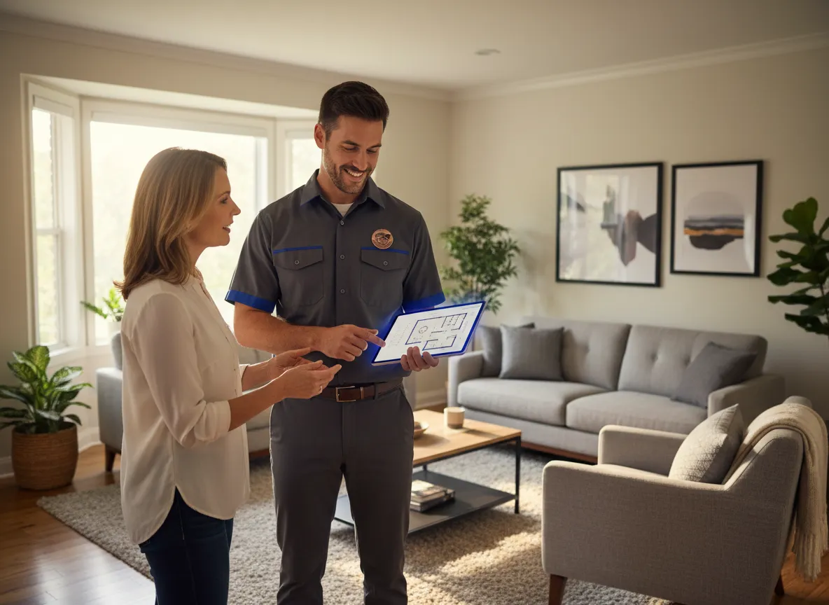 Apex Moving team conducting a home inventory check with a tablet